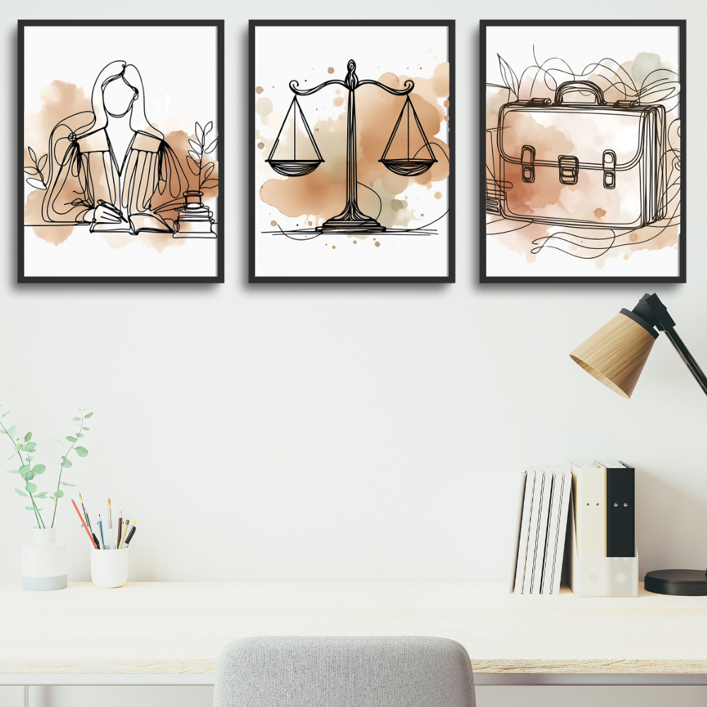 Lawyer office wall art with brown accents - set of 3 prints - Drawnify