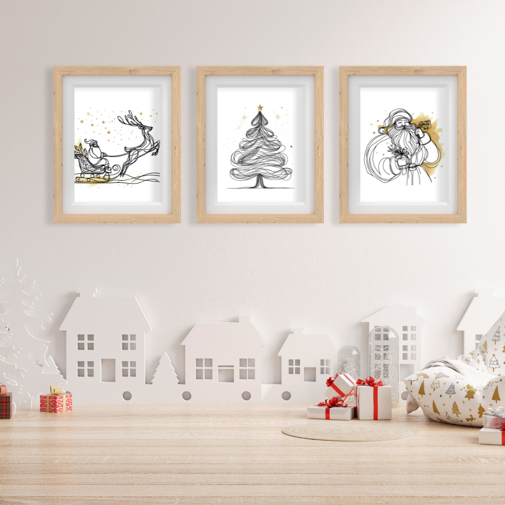 Christmas wall art with gold accents - set of 3 prints - Drawnify