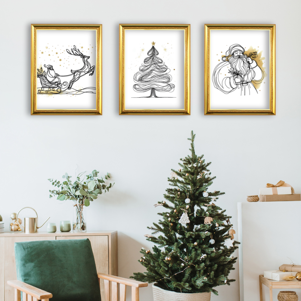 Christmas wall art with gold accents - set of 3 prints - Drawnify