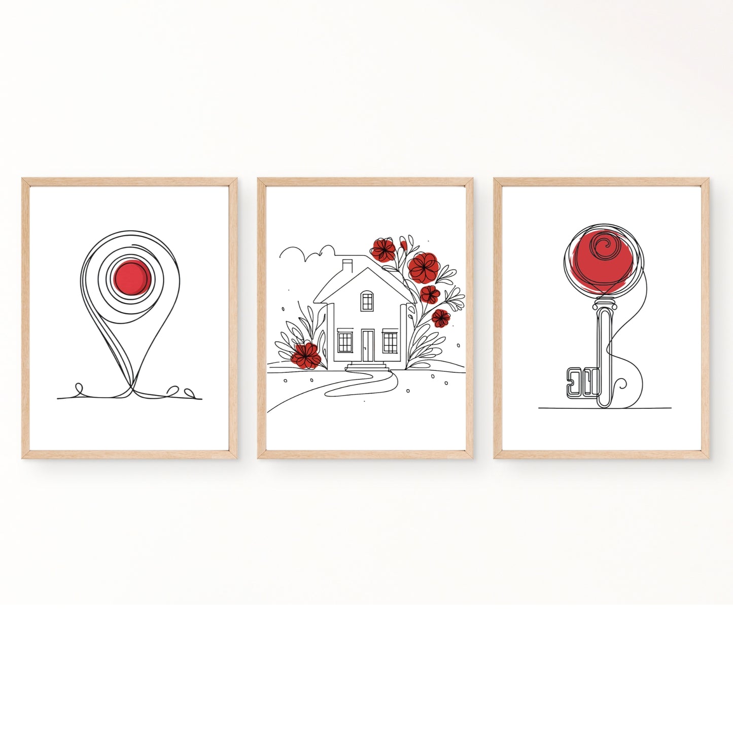 Realtor office wall art with red accents - set of 3 prints - Drawnify