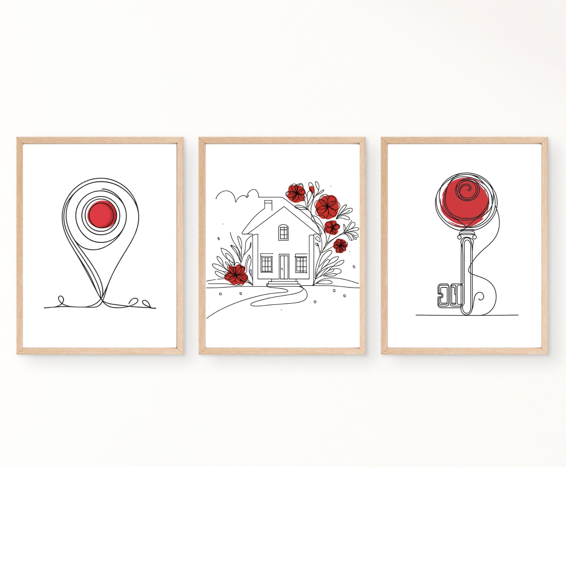 Realtor office wall art with red accents - set of 3 prints - Drawnify