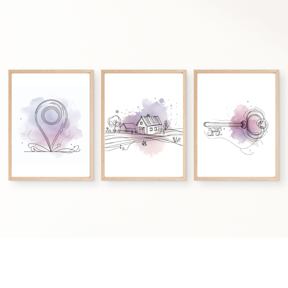 Realtor office wall art with purple accents - set of 3 prints - Drawnify