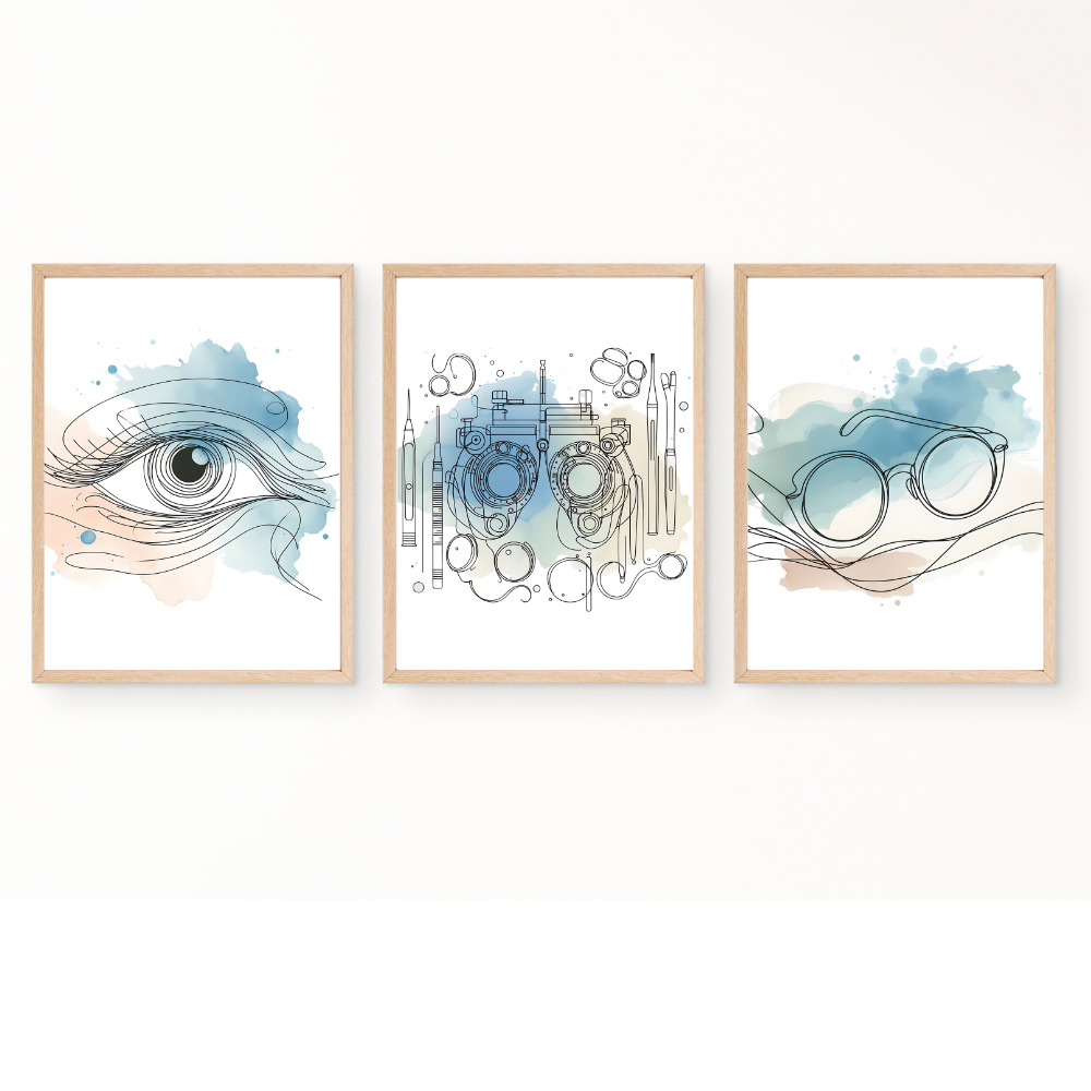 Optometrist wall art with blue accents - set of 3 prints - Drawnify