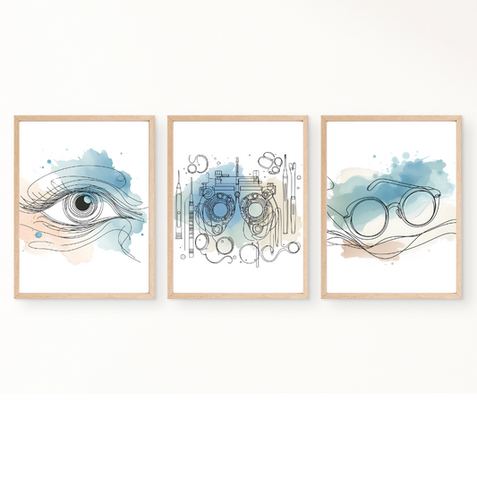 Optometrist wall art with blue accents - set of 3 prints - Drawnify