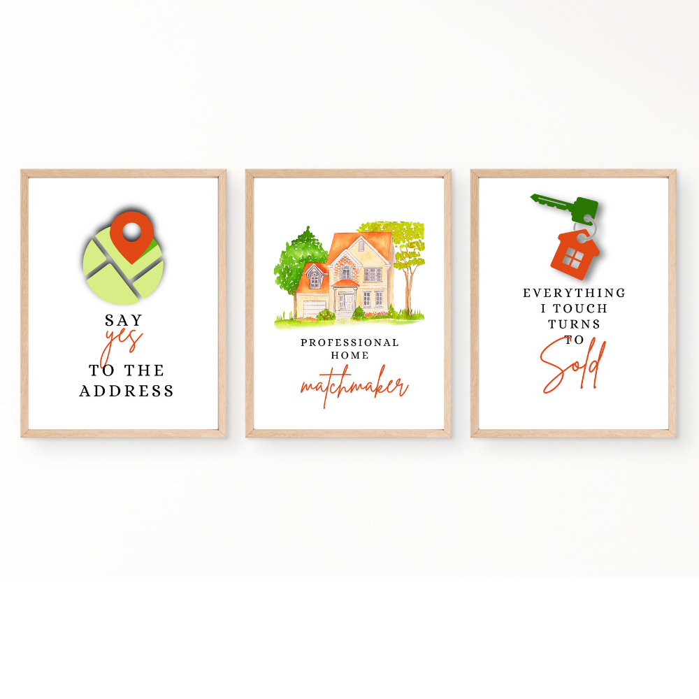 Realtor office wall art with orange accents - set of 3 prints - Drawnify