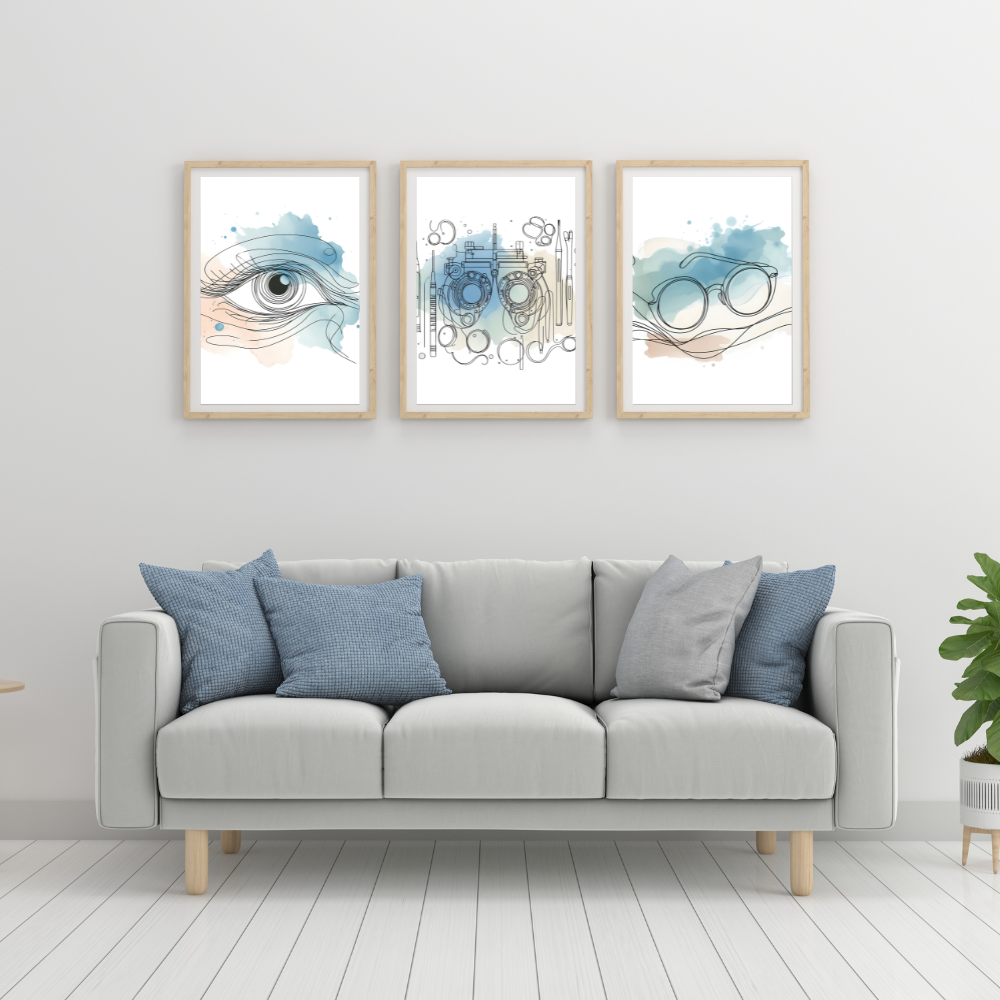 Optometrist wall art with blue accents - set of 3 prints - Drawnify