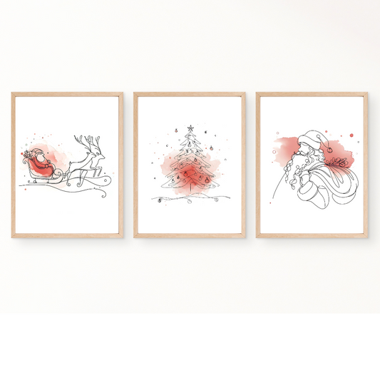 Christmas wall art with red accents - set of 3 prints - Drawnify