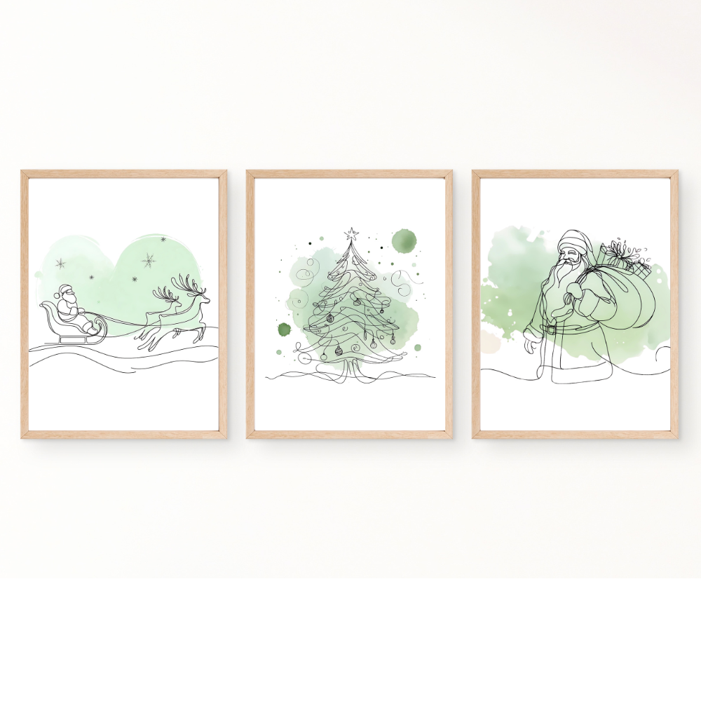 Christmas wall art with green accents - set of 3 prints - Drawnify