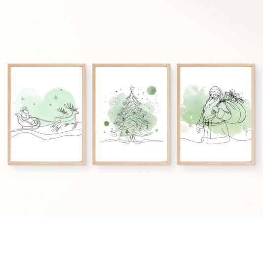 Christmas wall art with green accents - set of 3 prints - Drawnify