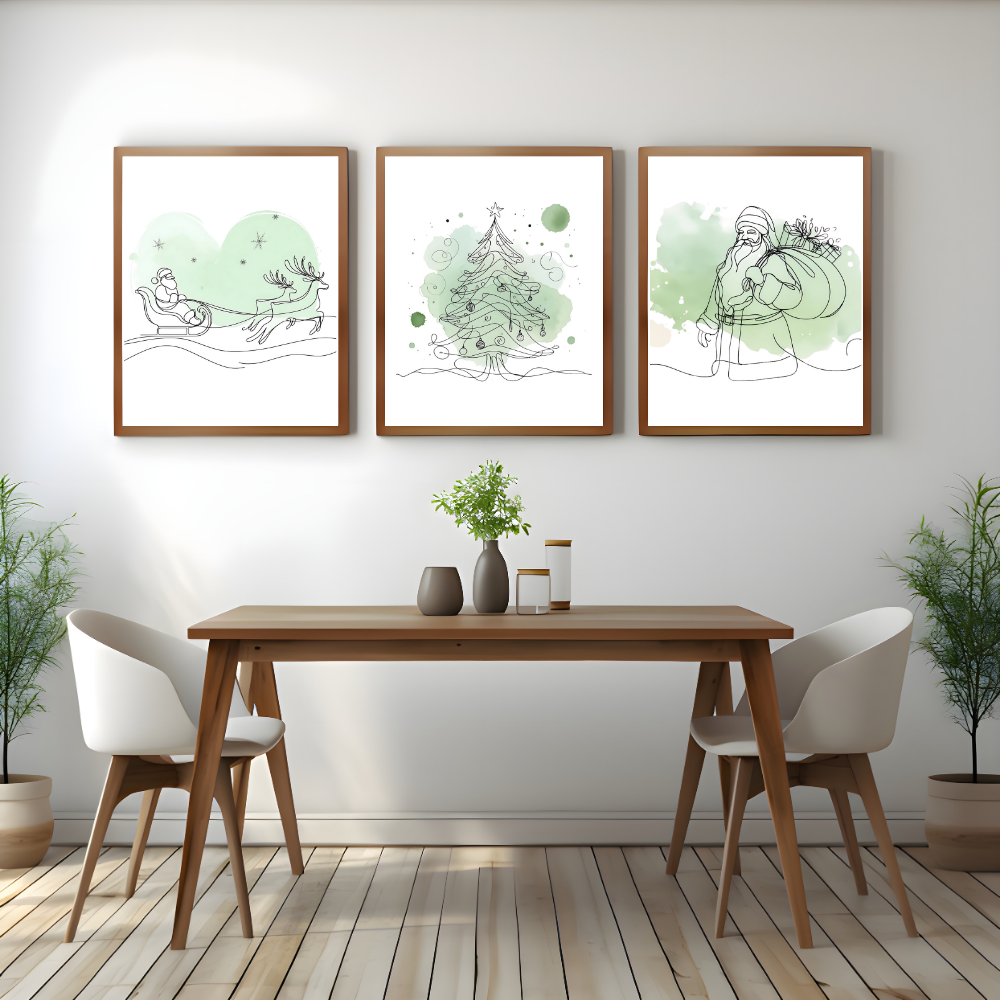 Christmas wall art with green accents - set of 3 prints - Drawnify