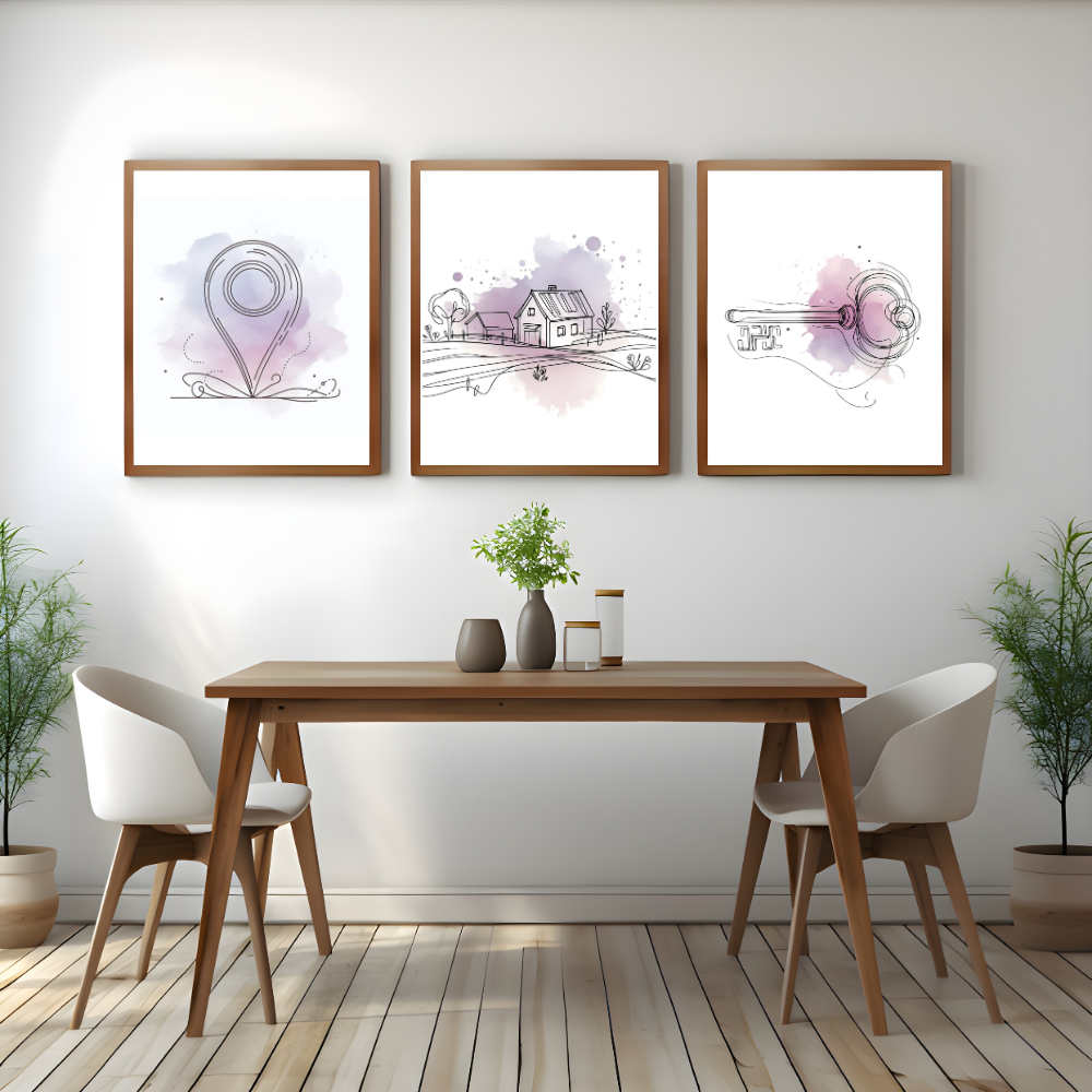 Realtor office wall art with purple accents - set of 3 prints - Drawnify