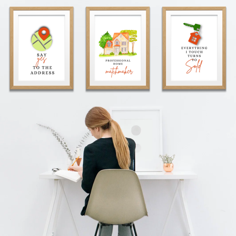 Realtor office wall art with orange accents - set of 3 prints - Drawnify