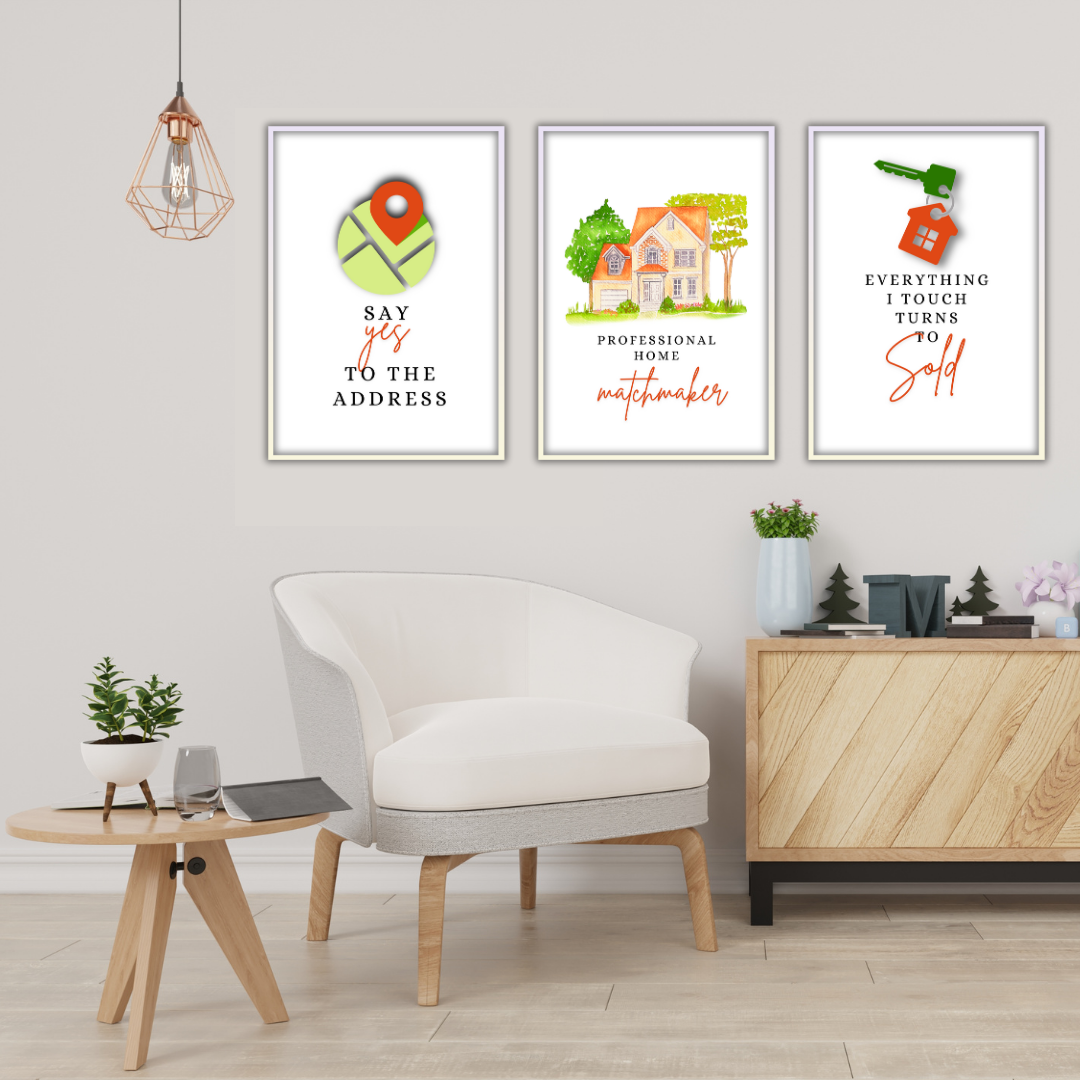 Realtor office wall art with orange accents - set of 3 prints - Drawnify