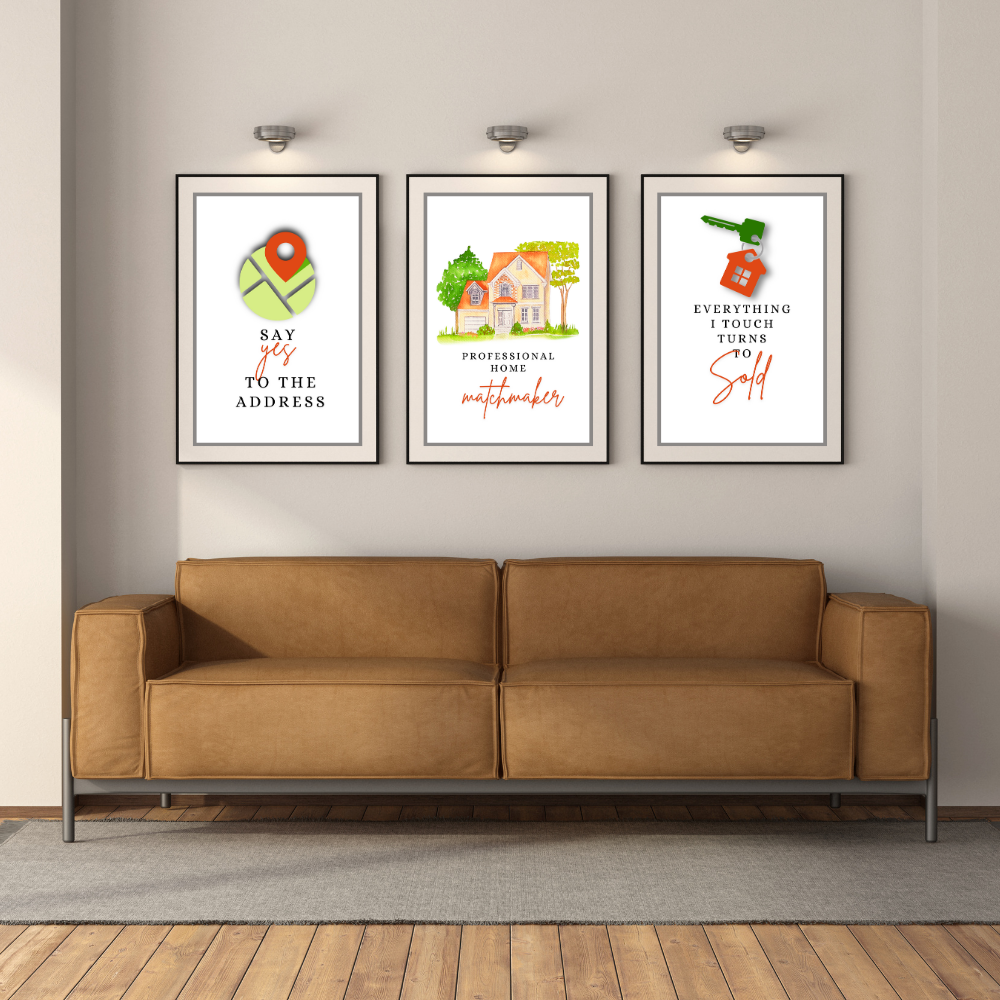 Realtor office wall art with orange accents - set of 3 prints - Drawnify