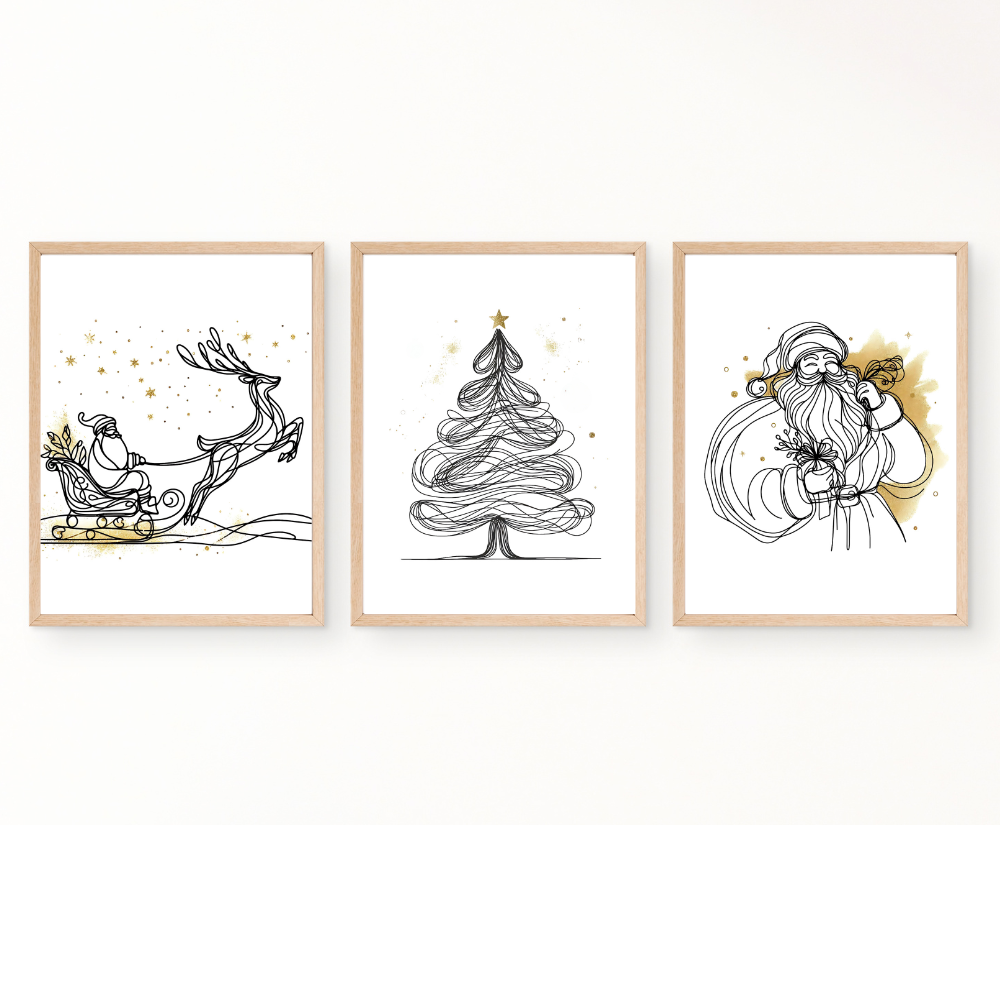 Christmas wall art with gold accents - set of 3 prints - Drawnify